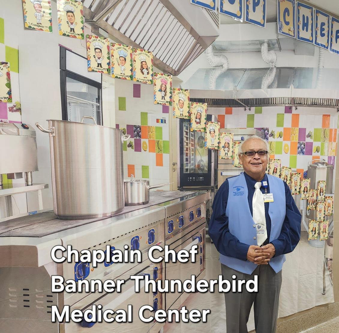 Chaplain Mannie Gomez standing in the Banner Thunderbird Medical Center kitchen